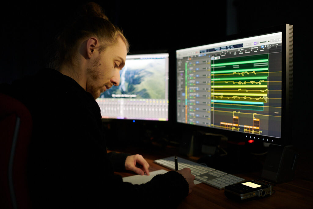 Jan Heymel in his studio while scoring a movie